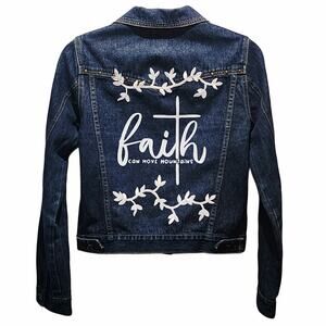 Faith Can Move Mountains Custom Floral Upcycled Denim Jacket W/Stud Details, L